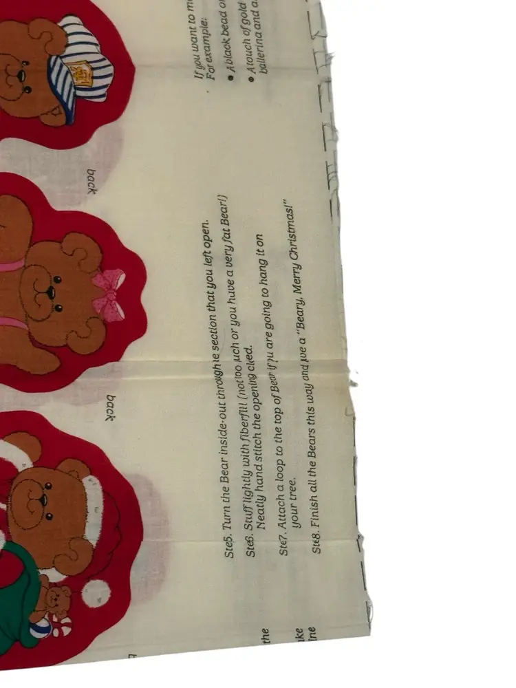 Vintage Cranston Beary Merry Christmas Cut Sew Stuff Fabric Panel Ornaments