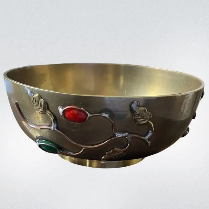 Vintage Chinese Brass Bowl, "Old China" Mark, Dates to 1930's, With Red and Green Cabochons, 5 1/2" Diameter, 2 1/4" tall