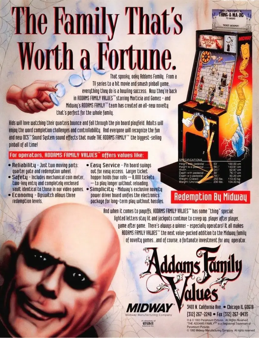 The Addams Family Values Arcade Flyer Uncle Fester Horror Art Vintage Promo
