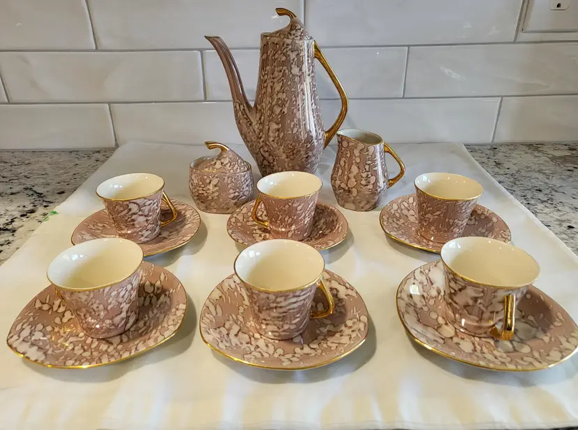 Vintage Chodziez Polish Porcelain Pink/Mauve Marbelized Demitasse set