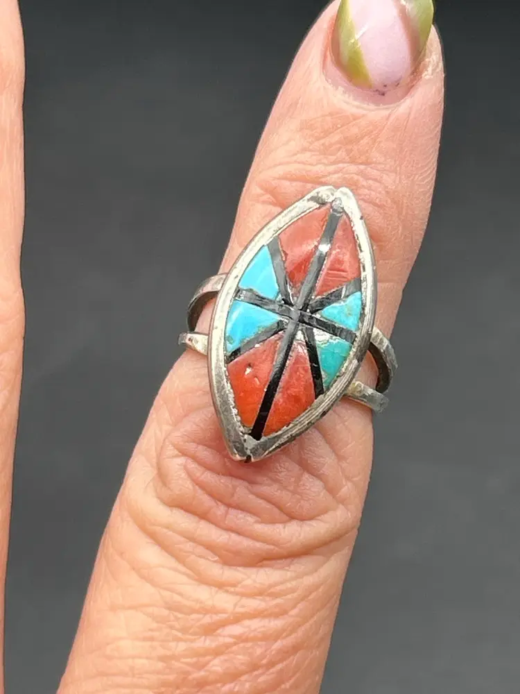 #01 Vintage Zuni Style Sterling Silver Inlay Ring Size 5 — Turquoise, Coral, Jet & Shell Mosaic Native American Southwest Jewelry