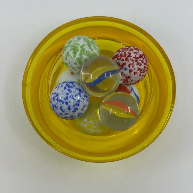 Yellow Glass Trinket Dish 4” With 9 Vintage Marbles