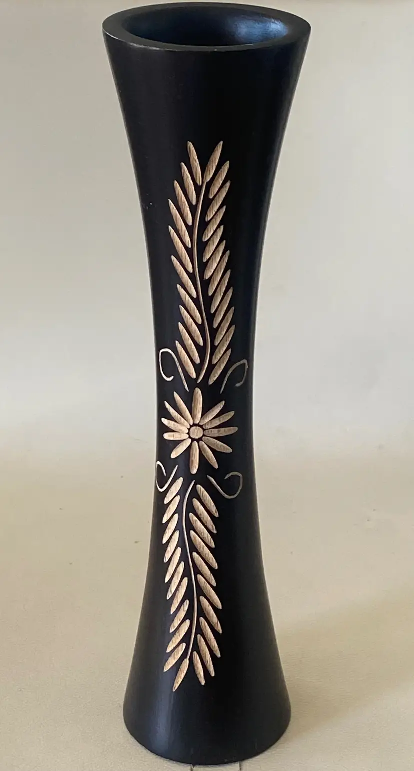 Mango Wood Vase with Carved Floral Design, 12" Tall, 3" Wide