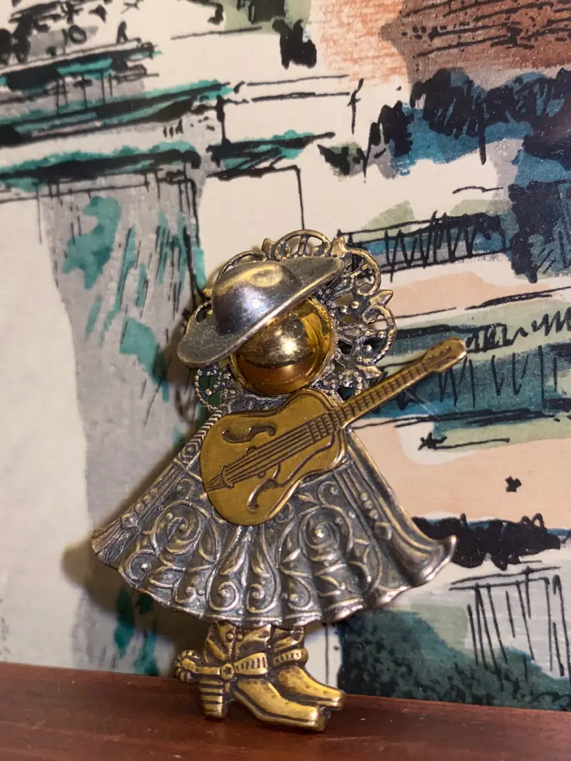 Vintage Cowgirl Western Girl Playing Guitar Hat Boots Lapel Pin Brooch Jewelry Accessory Piece | Gold & Silver Color