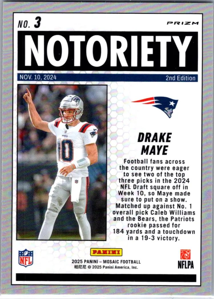 2025 Panini Mosaic Drake Maye #3 Notoriety Mosaic Orange Fluorescent Patriots