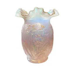 Fenton Iridescent Daffodil Vase Opalescent Glass Double Crimped Ruffled Rim