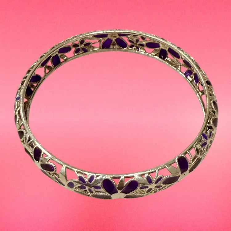 Itaor Italian Designer Sterling Silver 925 Floral Diamond Cut Bangle w/ Purple Jade Accents, 2.5” Inner Diameter, 18.5g