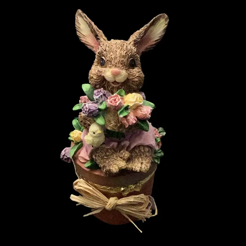 Hinged Keepsake Tricketbox With A Spring Girl Bunny With Pink Dress With A Bird And Flowers