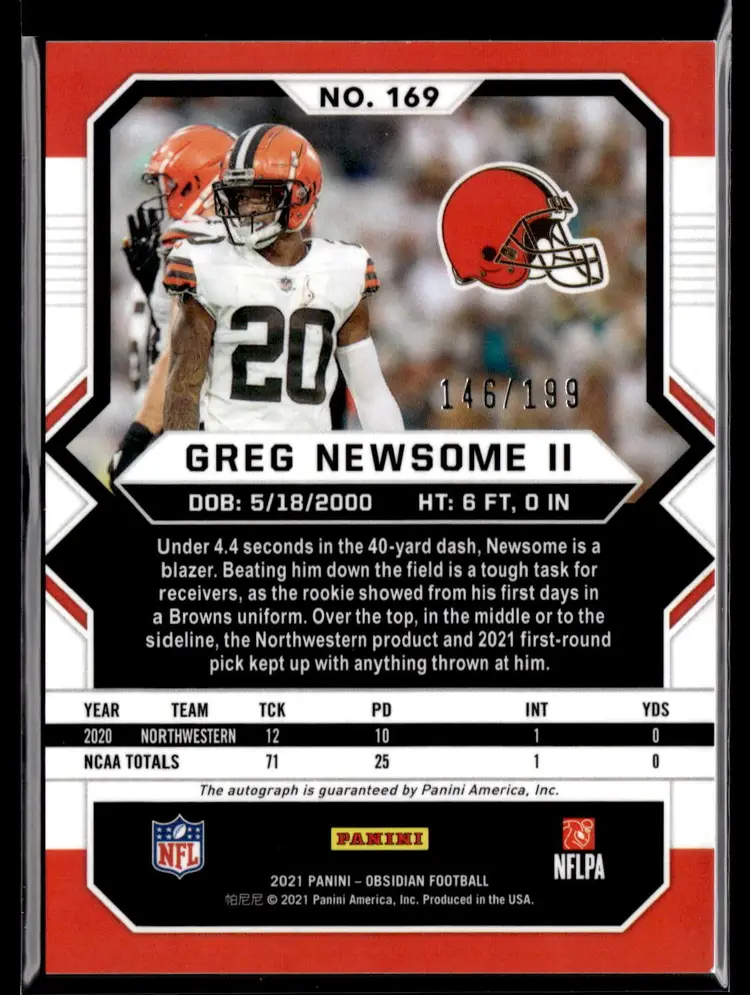2021 Obsidian Football GREG NEWSOME II RC Rookie Auto /199 SP #169 BROWNS
