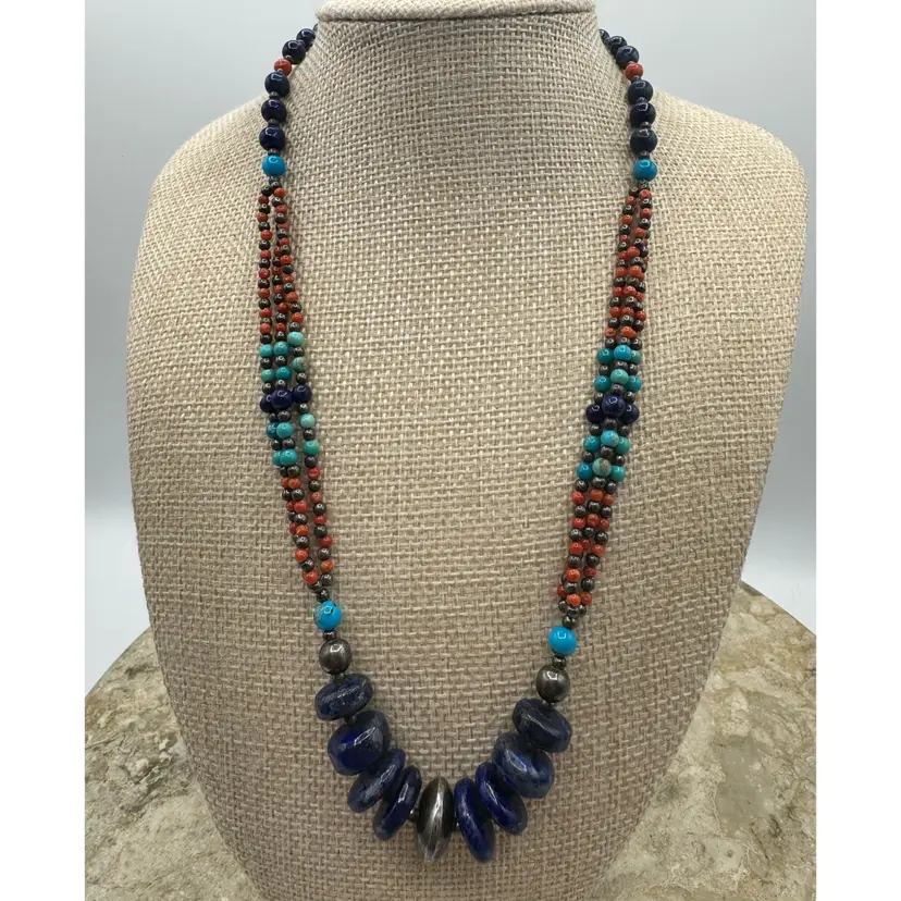 Vintage Egyptian-style Genuine Gemstone Lapis Lazuli Turquoise & Coral multi-strand necklace 925 sterling Clasp & Beads