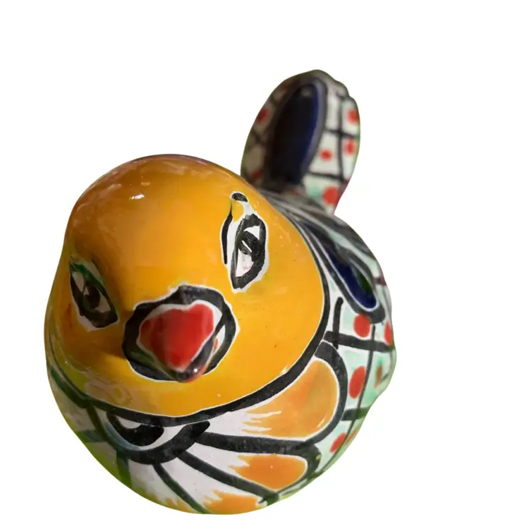 18. Gorgeous 5.5” Long Colorful Talavera Pudgy Bird  🦅 Featuring Golden Rod Yellow Head And Mint Green And White Body. And A Dark Blue Floral Design