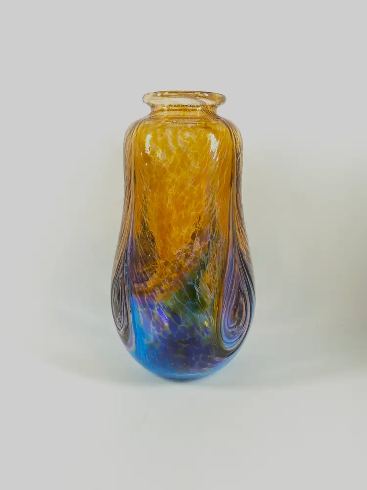 George Averbeck Art Glass Orange Blue Flame-patterned Vase Signed
