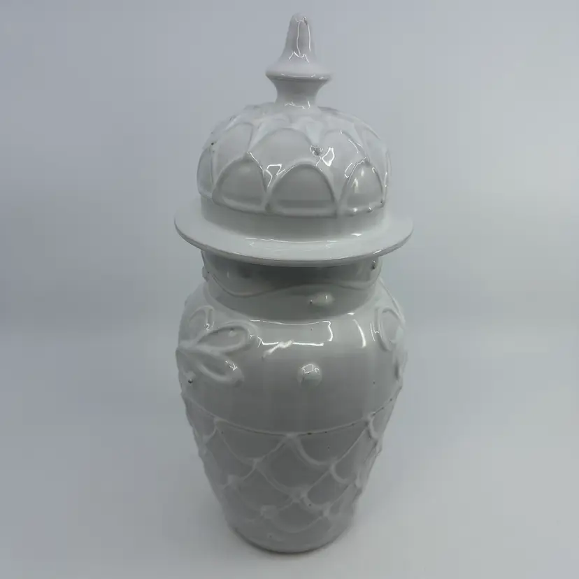 White Embossed Ceramic Lidded Ginger Jar Made In Italy