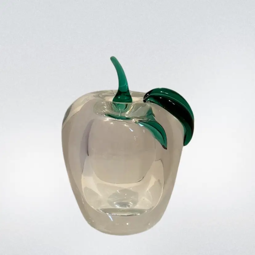 Apple Paperweight Clear Glass with Applied Green Leaf and Stem 5” Tall