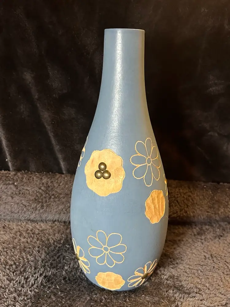 Blue Wood Vase W/ Carved Flowers Mango Wood Carving Handmade Thailand