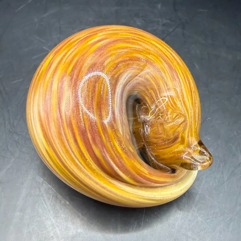 Nunwell Signed Sparkly Amber Art Glass Sleeping Fox Paperweight 2.5β