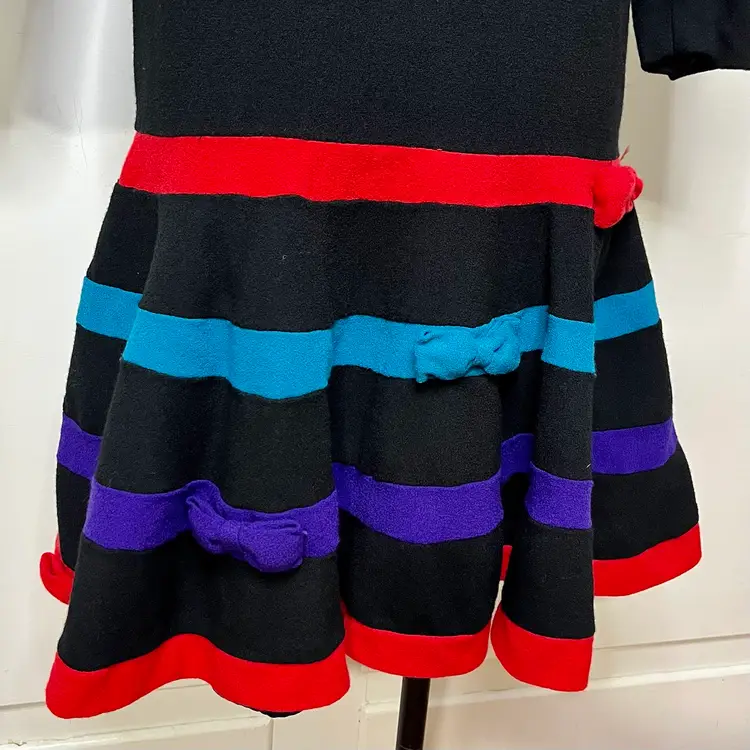 Vintage 80s Julie Francis Black Drop Waist Colorful Midi Dress with Bows