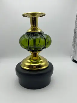 Art Deco Green Glass Candlestick Holder Gold Base and Nozzle 6” Vintage