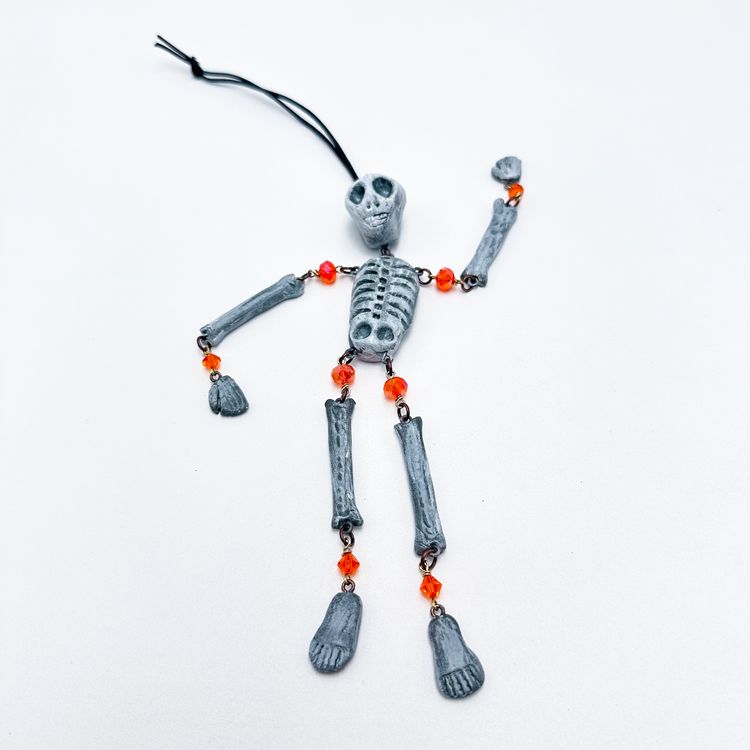 Articulated Skeleton Ornament Handmade Beaded Air Dry Clay Signed 7"L