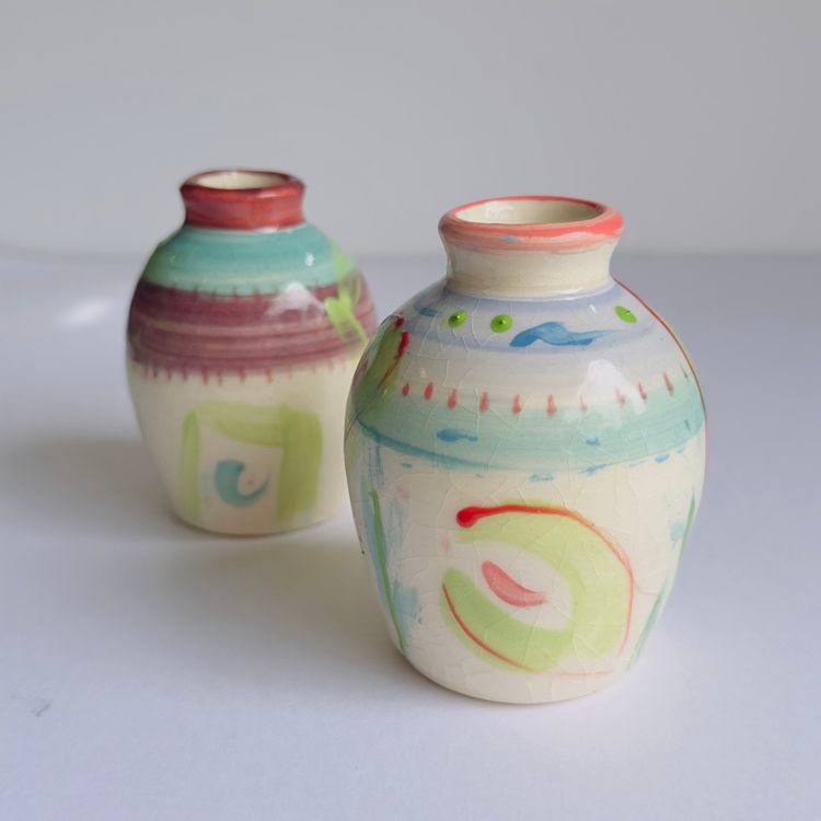 #1211 Set Of 2, Beautiful, Hand Made, Signed, Southwest Pottery Mini Vases