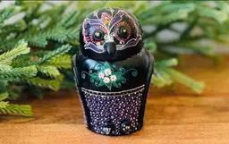 #01 - Vtg Hand-Painted on Black Lacquer OWL 2-Piece Trinket Box - 3 " Tall
