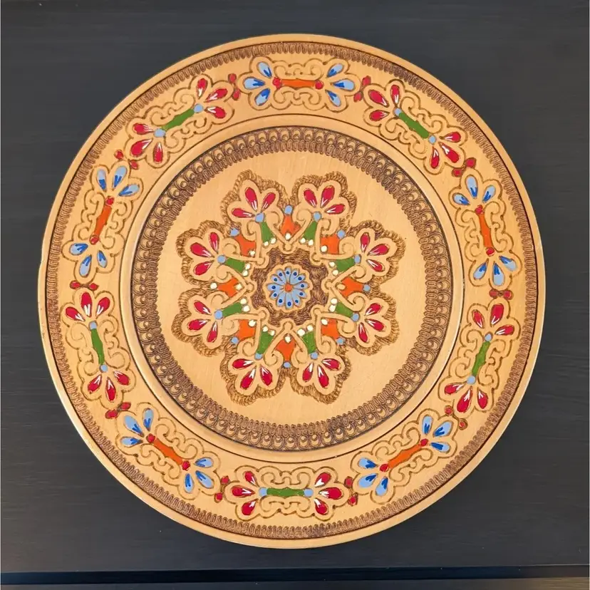 Vintage Handmade Wooden Pyrography Plate Wall Plaque Varna Bulgaria Folk Art