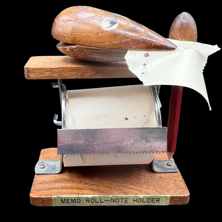 #203A Vintage Wood Country Store Memo Roll with Bulletin Bird Note Holder & Pencil MCM Japan. Complete with Original Box