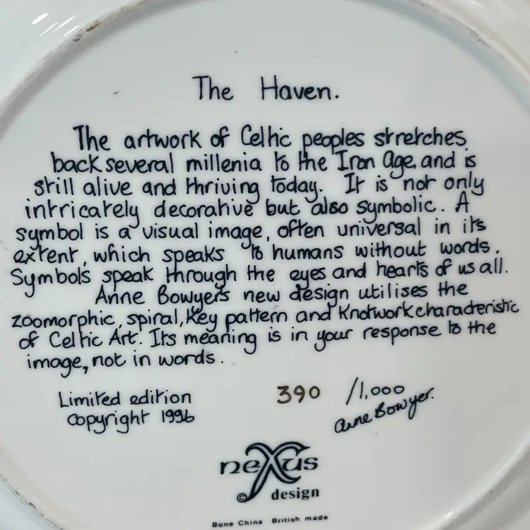 1996 Celtic Art Plate – “The Haven” By Anne Bowyer For Nexus Design-  England, Limited Edition Numbered 390/1000 – 11” Bone China- Navy, White, Gold Rim