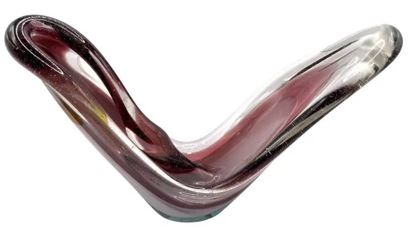 Vintage Art Glass Abstract Sculpture Amethyst Purple White Blue Boomerang 9 x 6”