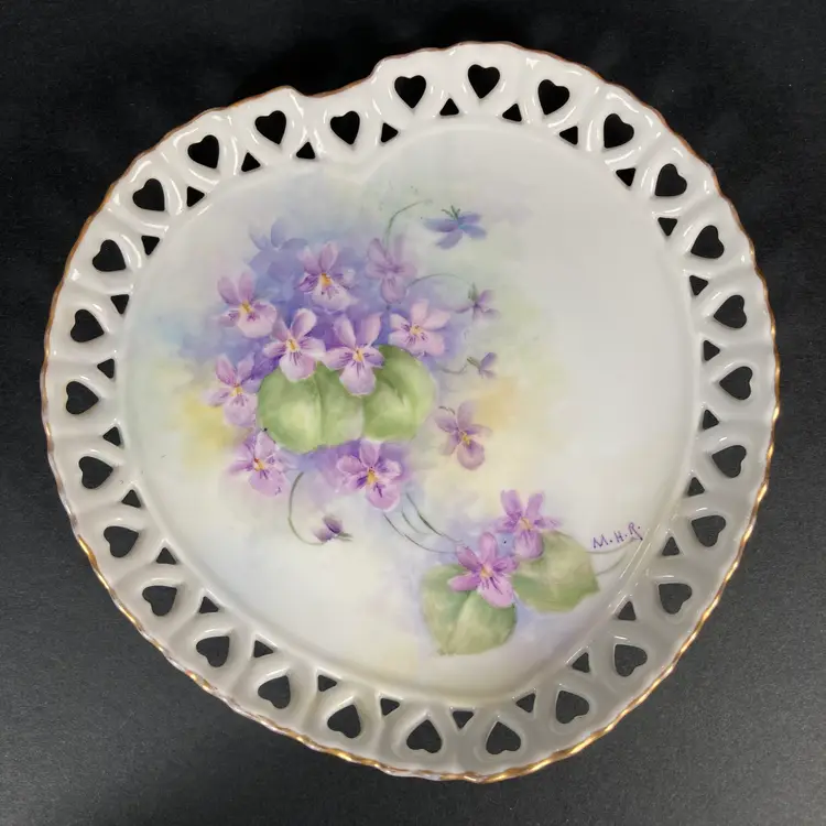Vintage Heart Shaped Ceramic Tray or Hanging Plate. Hand Painted & Signed.