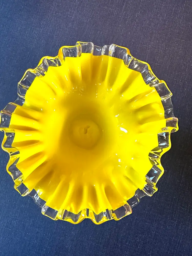 Art Glass Pedestal Bowl Deep Yellow Ruffle Edge Clear Stem CZech? 6”