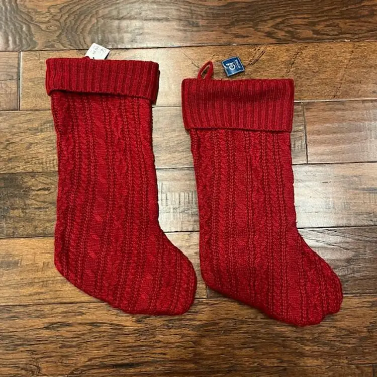 Pair of Red Cable Knit Christmas Stockings - C F Home - 19" long x 10" wide NOS