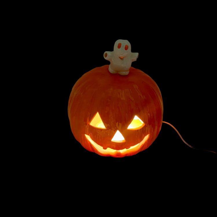 Vtg Kitschy Halloween Light Up Ceramic Ghost On Pumpkin Jack O Lantern 9” H Lamp