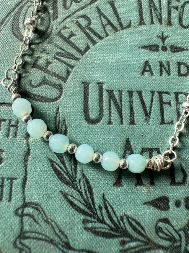 Aqua Blue And Sterling Silver Beads And Chain Bracelet #81