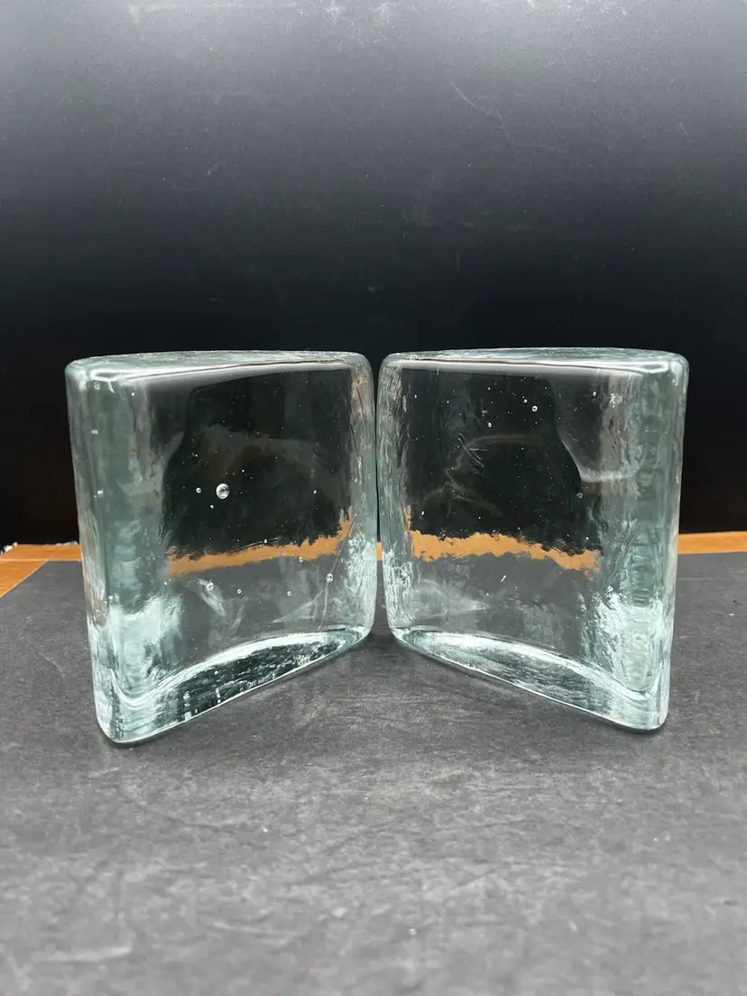 #900B Vintage Blenko Clear Half Moon Bookends. UV Reactive