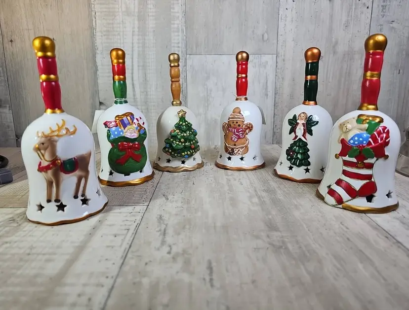 Set of 6 Ceramic Christmas Bells – Holiday Reindeer, Tree, Angel, Gingerbread, Stocking Décor