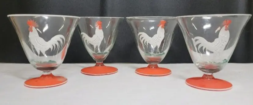 Vintage MCM Rooster Juice Cordial Cocktail Handpainted Footed Glasses