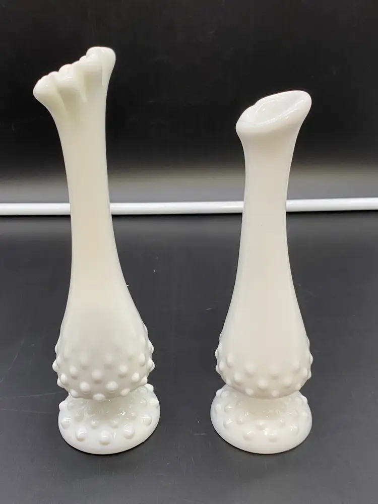 Set of 2 Fenton Milk Glass Hobnail Pedestal Swung Vases 8-1/2" & 7-3/4"
