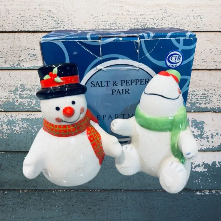 Vintage Dept 56 Ceramic Snowman & Bear Salt and Pepper Shakers Christmas Holiday