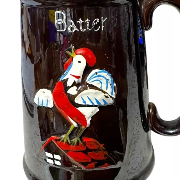 Vtg Redware Rooster Pitcher Breakfast Batter Syrup Butter Farmhouse Set of 3
