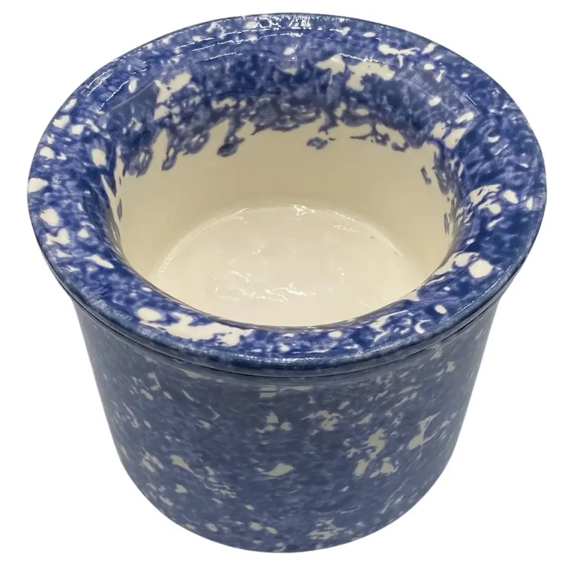 Vtg. Studio Art Pottery Blue Spongeware, 2-Piece Dip or Butter Crock w/Ice Crock