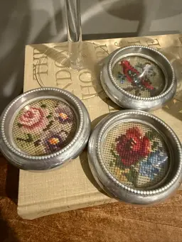Aluminum Coasters with Floral Needlepoint Set of 3