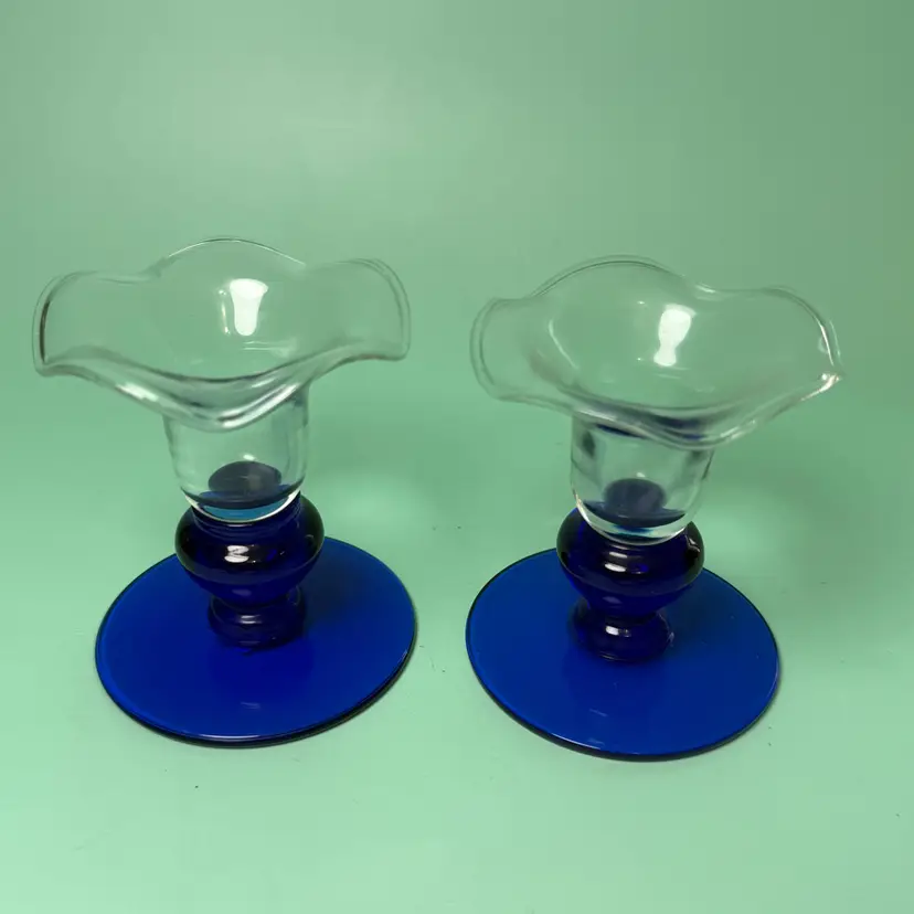 Princess House Crystal Sapphire Cobalt Blue Candle Holders Ruffled Romania Pair