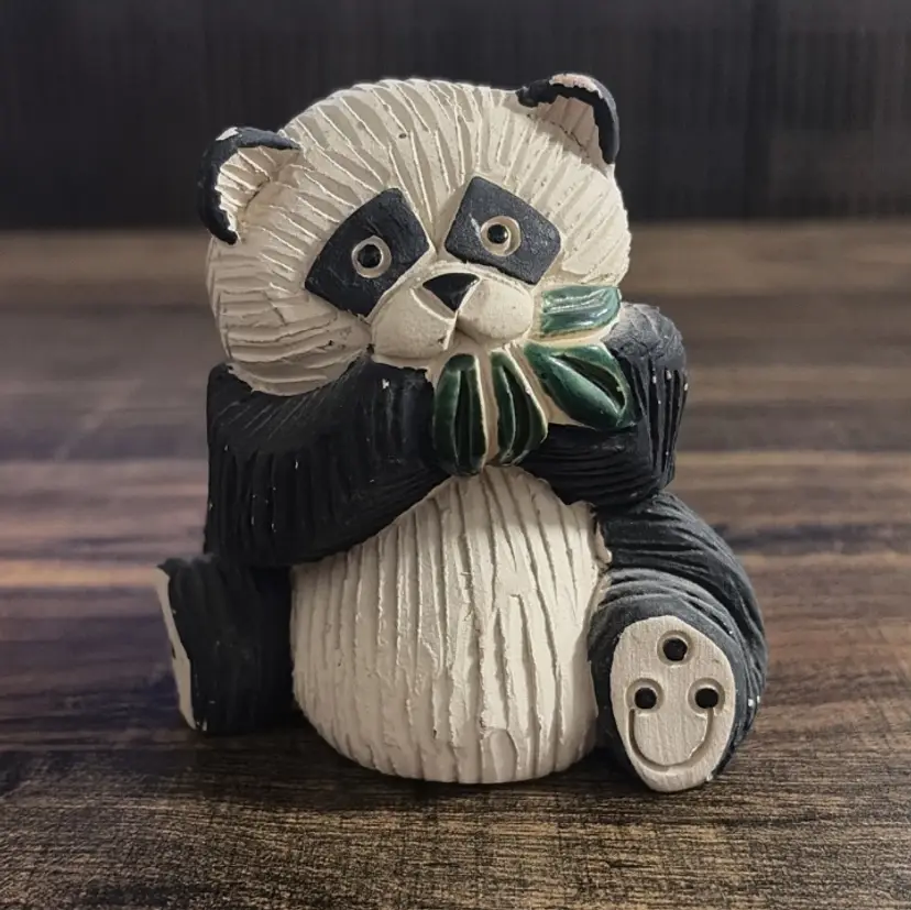 Rinconada Uruguay Panda Bear Figurine 3.5” Hand Carved Clay Bamboo