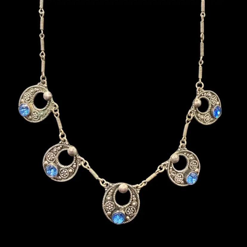 Vintage Silver And Blue Glass Necklace
