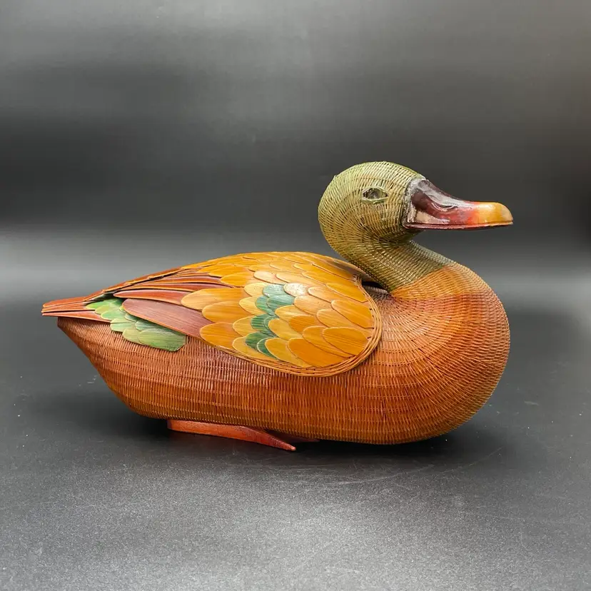 Mid Century Mallard Duck Zhejiang Handcrafts Lidded Wicker Rattan Bamboo Basket