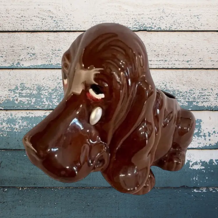 Vintage brown hound dog Tear Drop ceramic flower pot Sad Puppy Planter