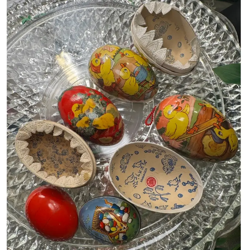 Three vintage papier-mâché Easter egg candy containers, one tin egg, made in the German Democratic Republic (GDR)