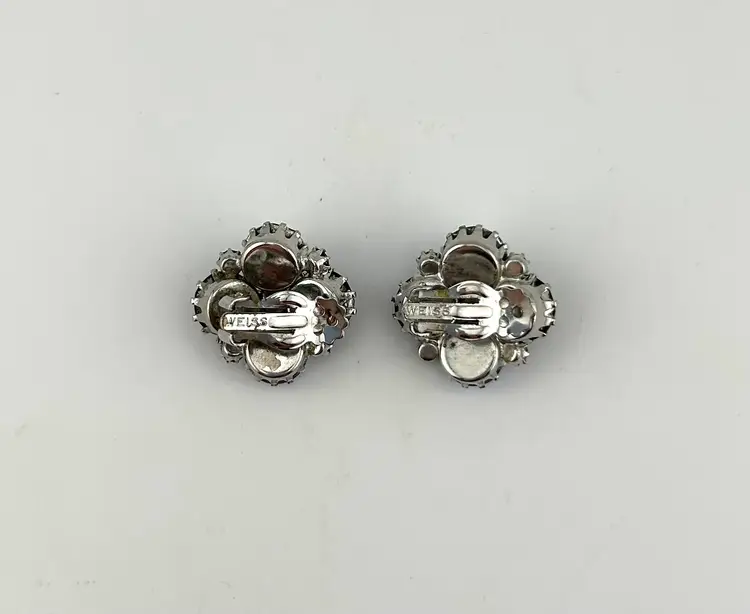 Vintage Silver Tone Weiss Blue and AB Rhinestone Clip-on Earrings 1”