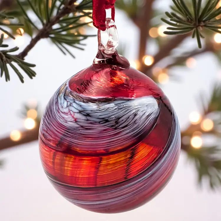 Hand Blown Red and White Swirl Art Glass Orb Friendship Ball Chirstmas Ornament